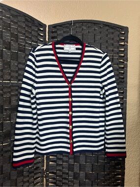 St. John navy blue white striped sweater size small nautical cardigan